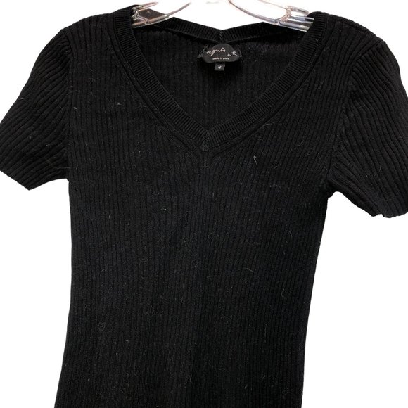 agnes b. paris france black ribbed clssic short sleeved v-neck sweater S - Picture 3 of 4